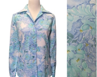 Vintage 70s Hawaiian Shirt Aqua Turquoise Floral Print Tori Richards- size L