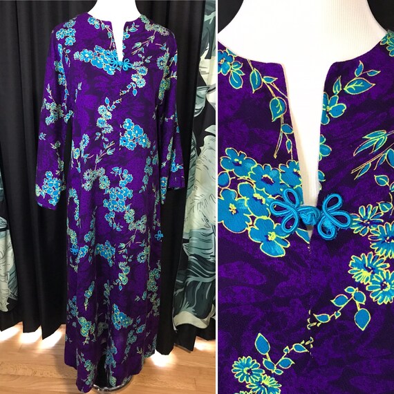 Vintage 70s Hawaiian Dress Maxi Cheongsam Purple T