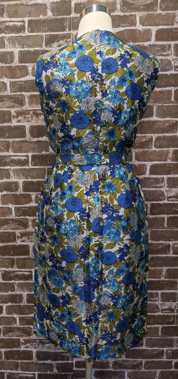 Vintage 60s Dress Blue & Olive Floral Sheath - si… - image 5