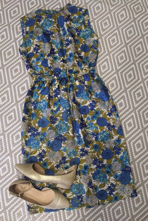 Vintage 60s Dress Blue & Olive Floral Sheath - si… - image 9