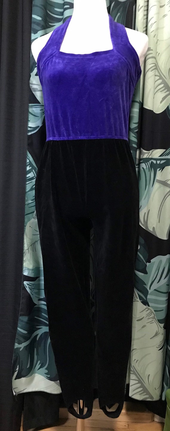Vintage 80s Jumpsuit Black Purple Velour Stirrup … - image 2