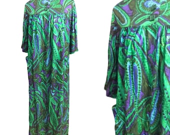 Vintage 60s House Dress Robe Bathrobe Green Paisley Psychedelic Women's M 1960s