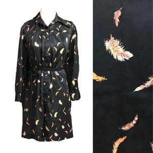 Vintage 70s Shirt Dress Shirtdress Black Feathers Print Women&#39;s M 1970s vtg