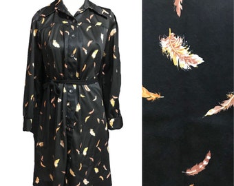 Vintage 70s Shirt Dress Shirtdress Black Feathers Print Women's M 1970s vtg