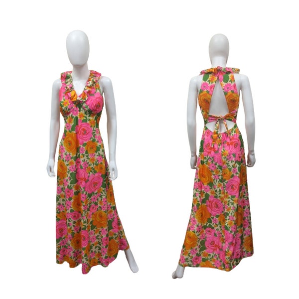 Vintage 70s Bright Flowers Maxi Hawaiian Dress Backless Halter Resort Wear by Jack Hartley - size M/L