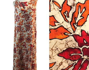 Vintage 70s Hawaiian Dress Maxi Red Orange Floral Women's M 1970s 1980s 80s vtg