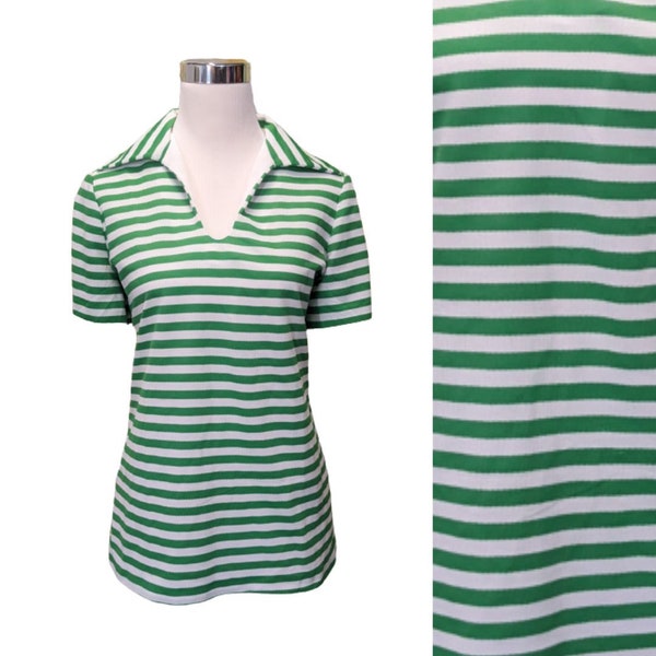 Vintage 70s Shirt Green Striped Polo - size L