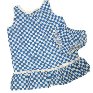 Vintage 60s Pajamas Women&#39;s Nightgown Two-Piece Set Nightie Undies Panties Blue Checkers - size L