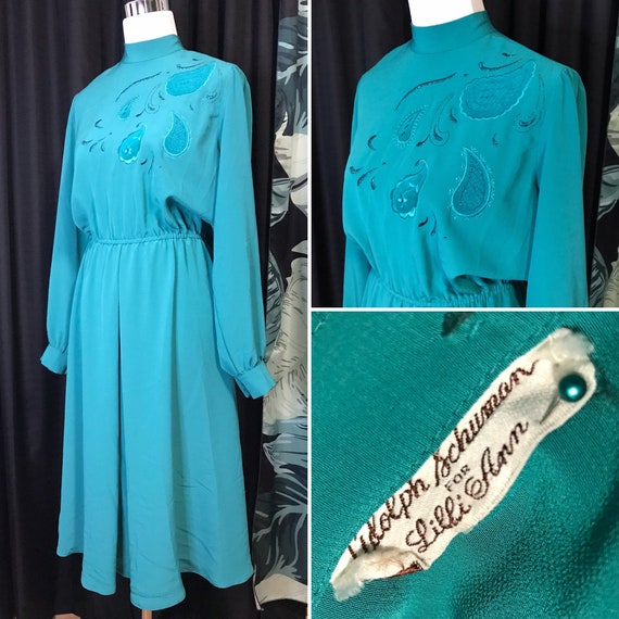 Vintage 80s does 40s Lilli Ann Dress Teal Green Pa