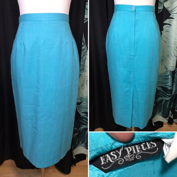 Vintage 80s Does 50s Pencil Skirt Turquoise Linen… - image 2