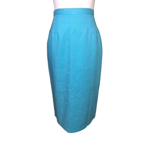 Vintage 80s Does 50s Pencil Skirt Turquoise Linen… - image 1