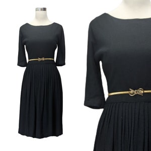 Vintage 50s Dress Black Pleated Wool - size M