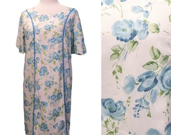 Vintage 60s Shift Dress Plus Size Volup White w/ Blue Roses Floral Print- size 3X