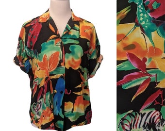 Vintage 90s Shirt Tropical Hawaiian Jungle Print - size M