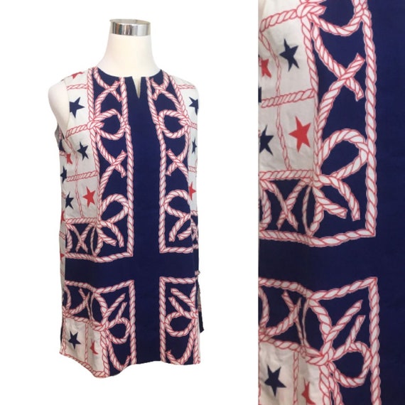 Vintage 60s Shirt Mod Tunic Tank Nautical Stars P… - image 1