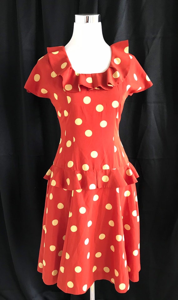 Vintage 80s does 40s Dress Orange Yellow Polka Do… - image 2