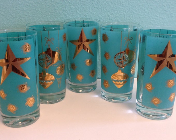 Vintage Novelty Cocktail Glasses Aqua & Gold Christmas Etsy