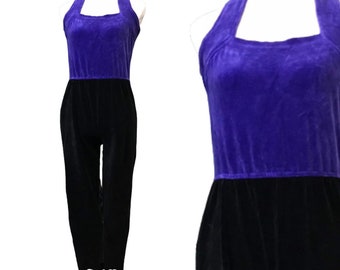 Vintage 80s Jumpsuit Black Purple Velour Stirrup Pants Women's M 1980s vtg