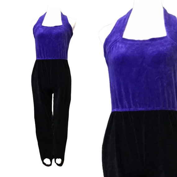 Vintage 80s Jumpsuit Black Purple Velour Stirrup … - image 1