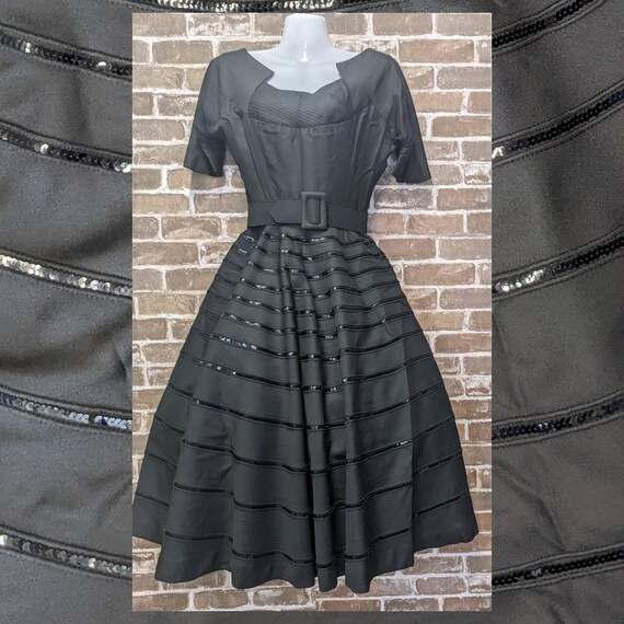 Vintage 50s Evening Dress Black Sequin Formal Pin… - image 2