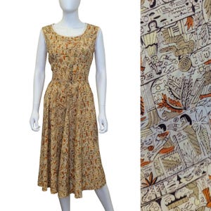 Vintage 50s Dress Egyptian Novelty Print Fit & Flare Midi Tan Brown Orange women&#39;s size Large