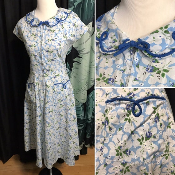 Vintage 40s House Dress Blue Floral Zip Zipper Fro