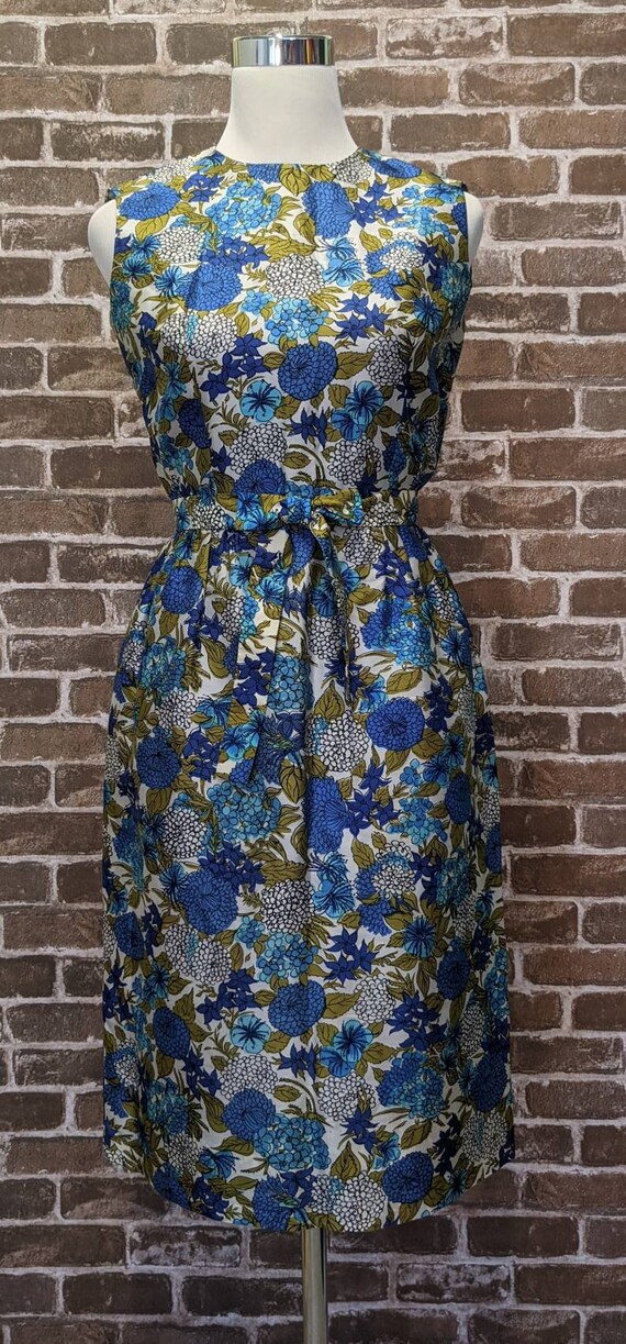 Vintage 60s Dress Blue & Olive Floral Sheath - si… - image 2