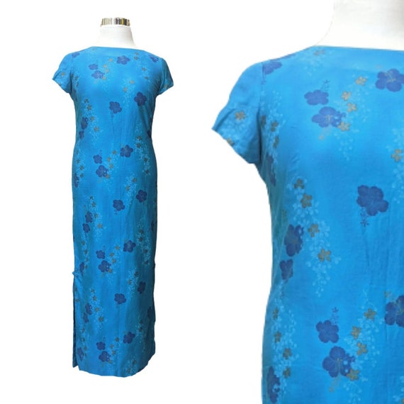 Vintage 60s Turquoise Hawaiian Maxi Dress - size L - image 1