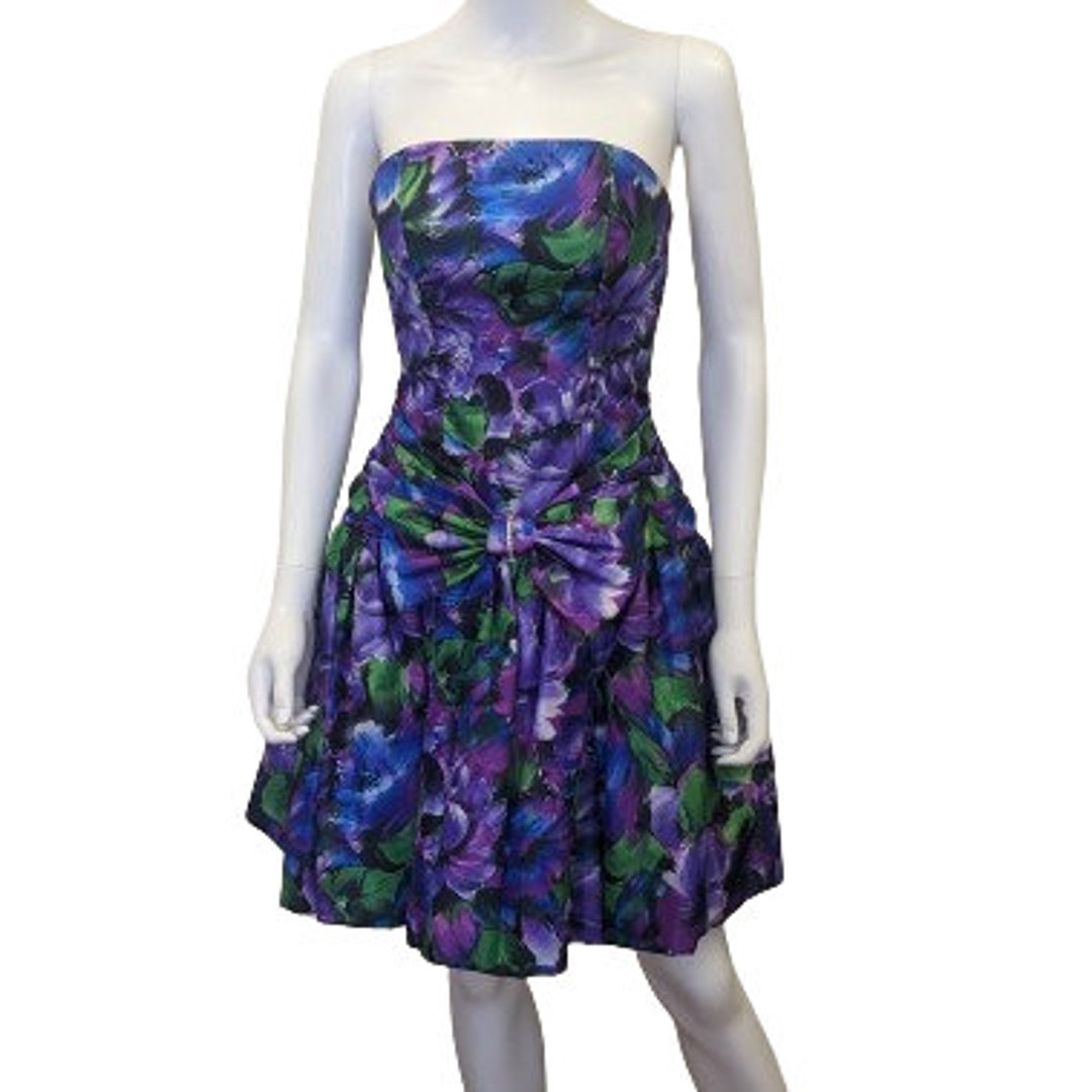 パーティードレス Strapless Green Purple Print Party Dress Vintage 80s / 90s Purple Floral Bubble Dress Formal Party