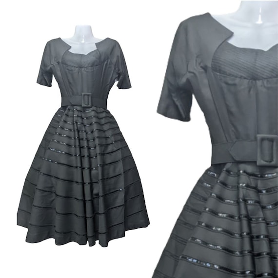 Vintage 50s Evening Dress Black Sequin Formal Pin… - image 1