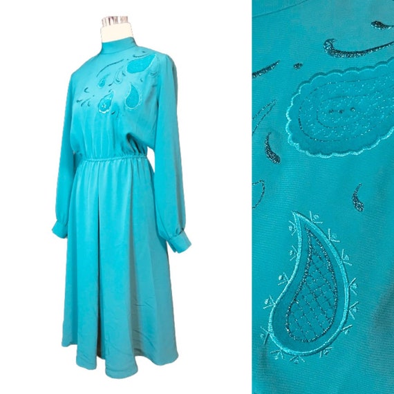 Vintage 80s does 40s Lilli Ann Dress Teal Green P… - image 1