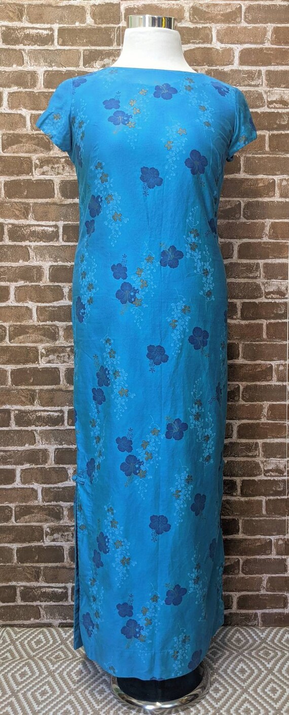 Vintage 60s Turquoise Hawaiian Maxi Dress - size L - image 2