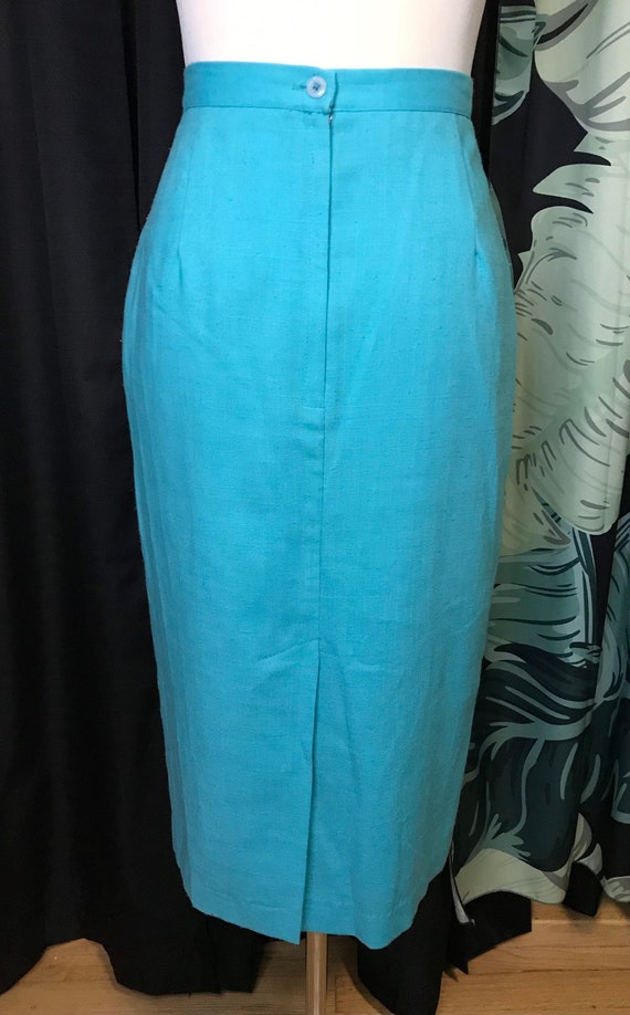 Vintage 80s Does 50s Pencil Skirt Turquoise Linen… - image 4