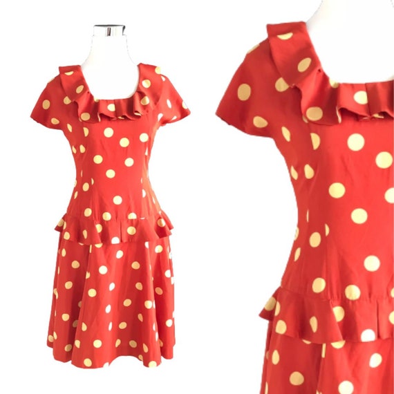 Vintage 80s does 40s Dress Orange Yellow Polka Do… - image 1