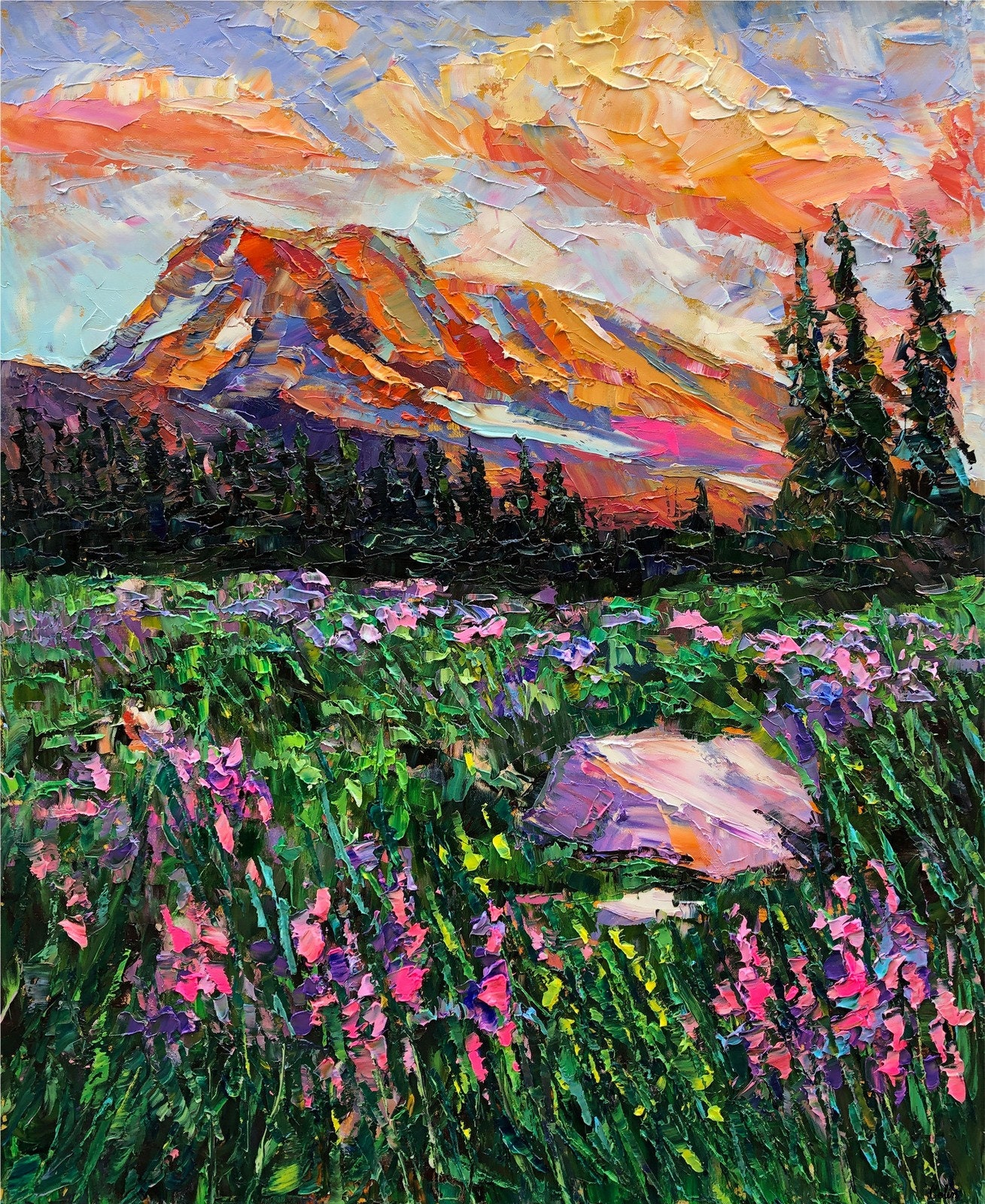 Original Landscape Painting Mountain and Flower Canvas Etsy