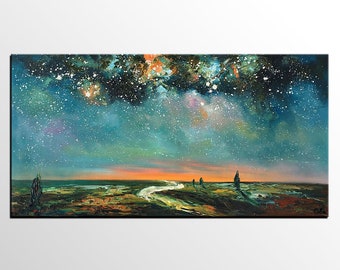 Abstract Landscape Art, Starry Night Sky Painting, Original Painting, Canvas Oil Painting, Canvas Painting, Impasto Art, Bedroom Wall Art