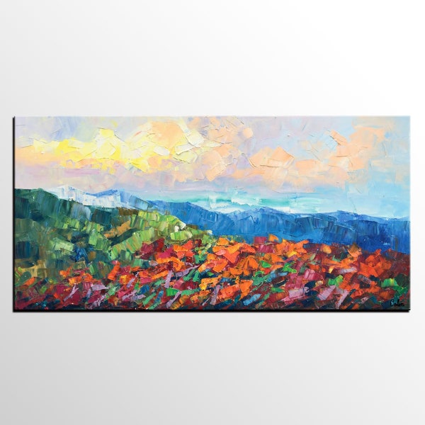 Originele grote schilderij, herfst berg bloem landschap olieverf schilderij, enorme schilderij, oversized canvas schilderij, slaapkamer kunst schilderij