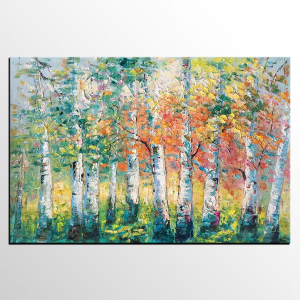 Custom Extra Large Painting, Forest Birch Tree, Landscape Oil Painting, Huge Oil Painting, Bedroom Canvas Artwork, Oversize Canvas Painting
