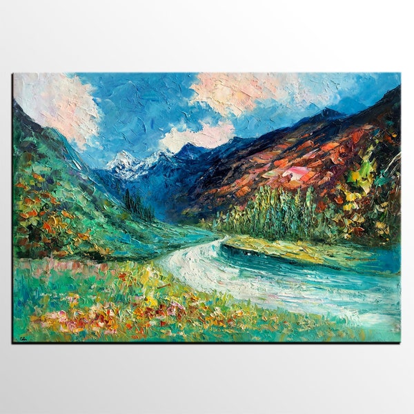 Pintura del paisaje del río de la montaña, paisaje de la pintura al óleo, pintura grande, pintura original, arte de la textura pesada, arte de la pared del dormitorio