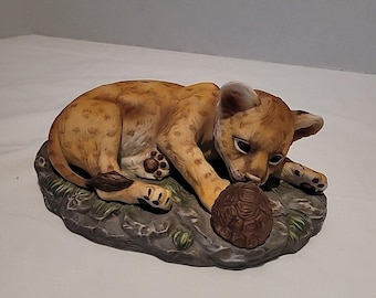 Vintage Homco Masterpiece Lion Cub & Turtle Porcelain Figurine 1985 Mexico 7" L