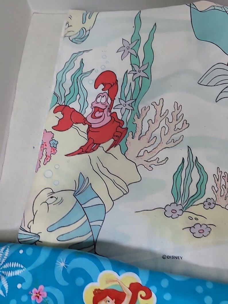 ヴィンテージ 90年代 ディズニー リトル・マーメイド ツインサイズ フラットシーツ 枕カバー付き 難あり 画像 6