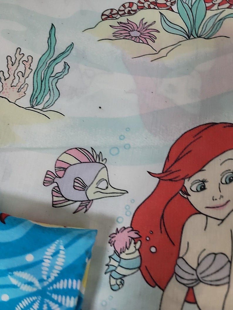 ヴィンテージ 90年代 ディズニー リトル・マーメイド ツインサイズ フラットシーツ 枕カバー付き 難あり 画像 3