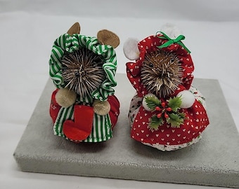 2 Vintage Christmas Mouse Girl Stuffed Fabric Thistle Face Ornaments 5" Handmade