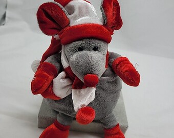 Dan Dee Mouse Plush Gray Holiday Stocking Red Cap Scarf Mittens 7" Vintage