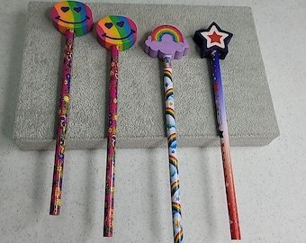 4 Lisa Frank Pencils With  Eraser Toppers Smiley Face Rainbow Star Vintage 1980