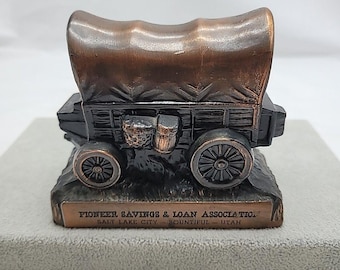 Vintage Covered Wagon Cast Metal Bank, Pioneer Savings Salt Lake BOUNTIFUL UTAH