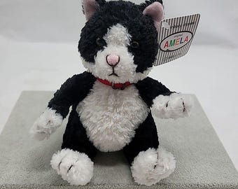Vintage Amela Black White Cat Kitten Plush Soft Toy Stuffed Animal Pink Nose 6"