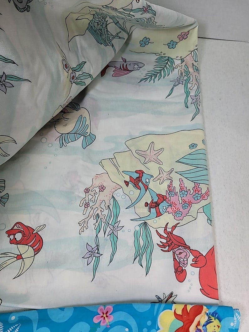 ヴィンテージ 90年代 ディズニー リトル・マーメイド ツインサイズ フラットシーツ 枕カバー付き 難あり 画像 16