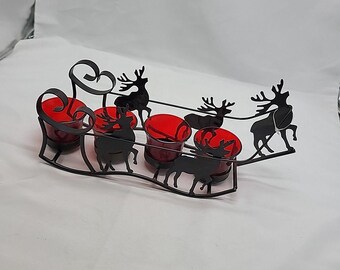 Vintage Metal Christmas Reindeer Sleigh 4 Red  Candle Holder 13" Length