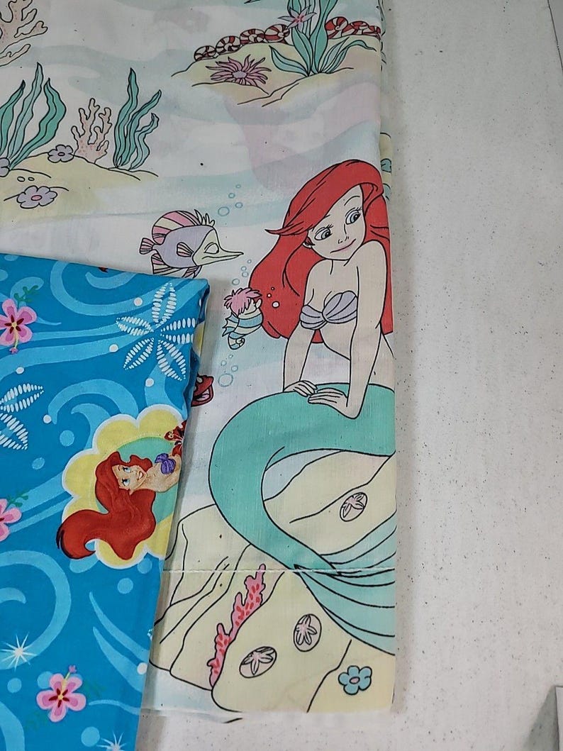 ヴィンテージ 90年代 ディズニー リトル・マーメイド ツインサイズ フラットシーツ 枕カバー付き 難あり 画像 2